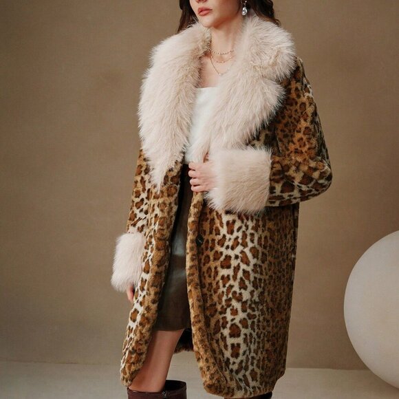 Brown Casual Women's Faux Fur Leopard Print Trim A-Line Waist Long Women's Coat - Picture 1 of 5